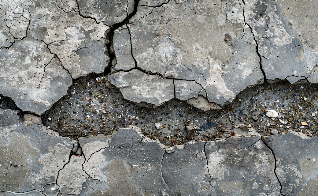 Damaged concrete sidewalk joint, cracked and uneven, close-up, pedestrian hazard